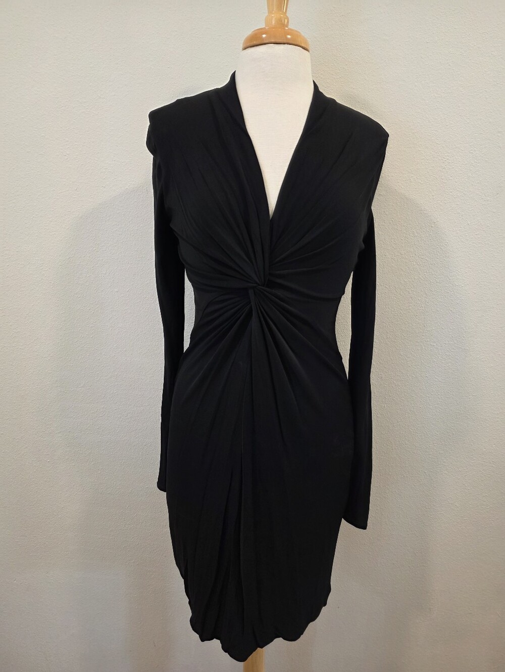 Halston Heritage Black Long Sleeve Gathered Bodice Midi Dress